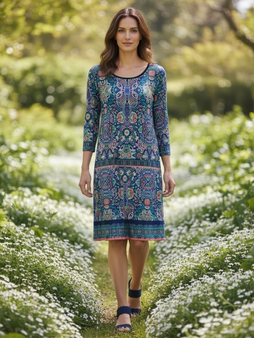 Laundry By Shelli Segal Navy Blue and Multicolour Print Sheath  size Large